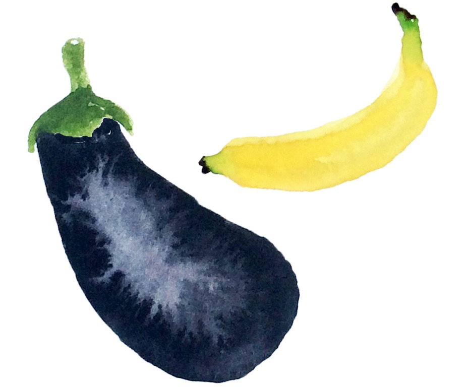 banana eggplant watercolor illustration