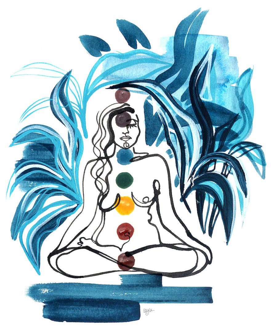 Ilustración de una mujer con 7 puntos que representan los 7 chakras.